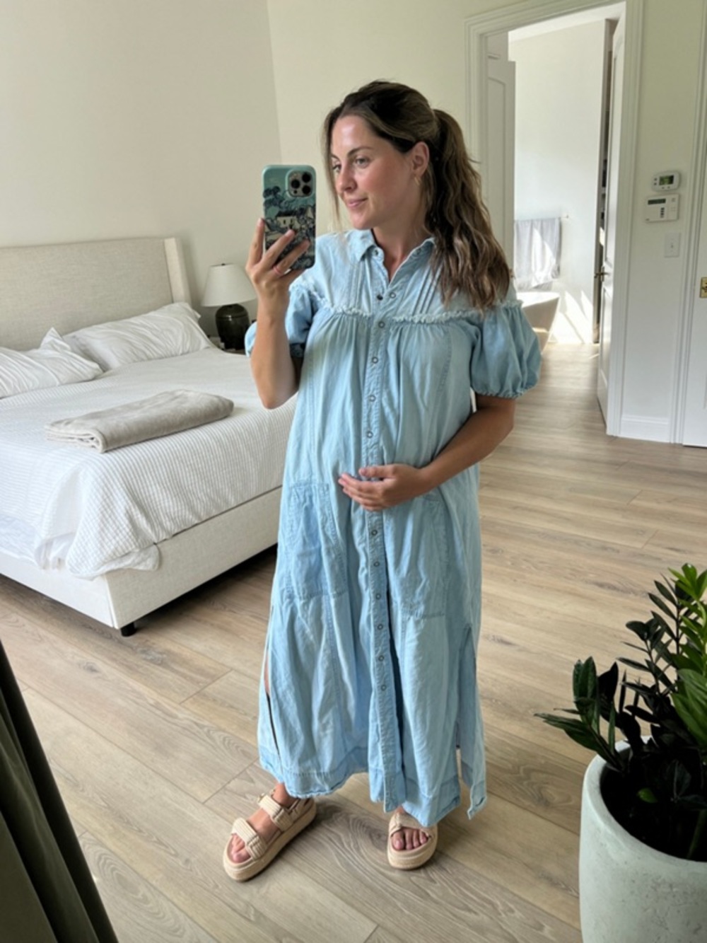 Free People Light Blue Puff-Sleeve Button-Front Midi Dress - Picture 6 of 6